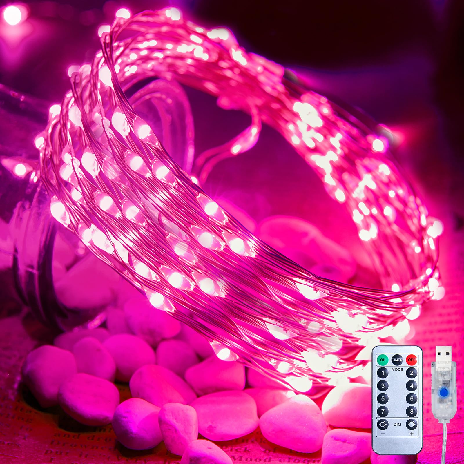 Photo 1 of Pink USB Fairy Lights Plug in, 33Feet 100 LEDs Twinkle String Lights with Remote and Timer, Waterproof 8 Modes for Valentine's Day Bedroom Indoor Wreath DIY Wedding Christmas Holiday Decoration - missing remote 
