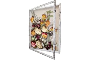GraduationMall 18x24 Wood Shadow Box Frame Glass Door Display Case with Linen Back and 6 Stick Pins,1.5 inches Interior Depth,Ideal for Memorabilia Pictures Flowers Medals Tickets Rustic White