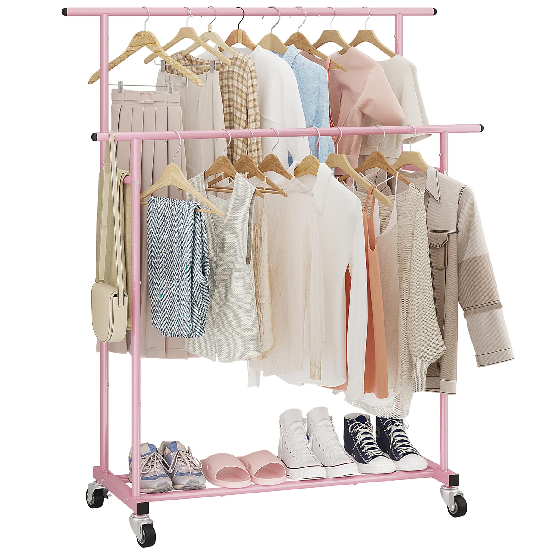 Photo 1 of Calmootey Double Rod Clothing Garment Rack,Rolling Hanging Clothes Rack,Portable Clothes Organizer for Bedroom,Living Room,Clothing Store,Pink