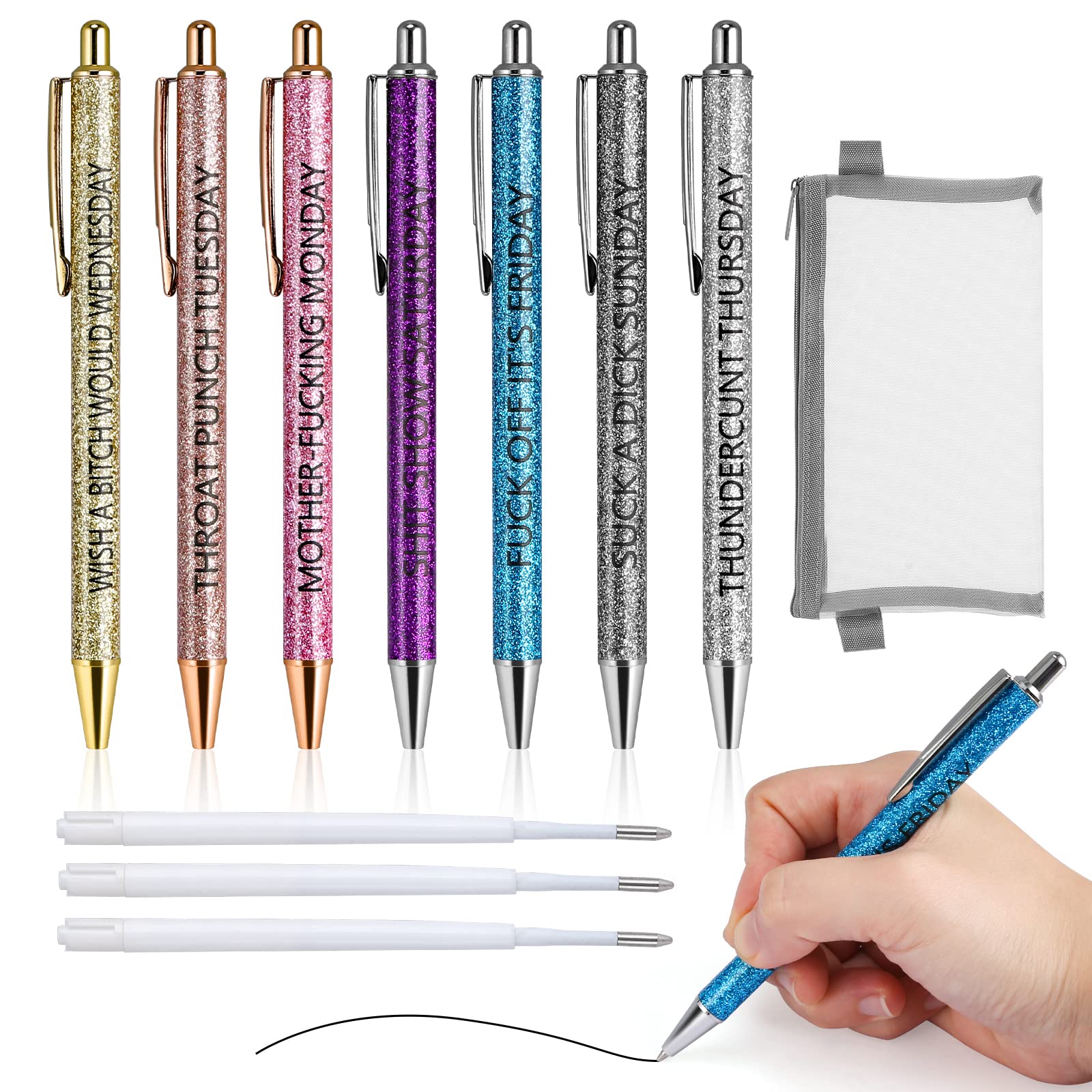 Wooledy 7 Pcs Funny Pens Ballpoint Set,Seven Days of The Week Pen Describing Mentality pen,Weekday Vibes Glitter Daily Writing,Black Ink 1.0 mm,with Pen Case and Replacement Refills