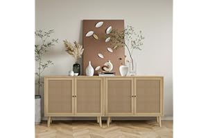 QHITTY Rattan Sideboard Buffet Cabinet, Accent Kitchen Storage Cabinet Console Table with Adjustable Shelves for Living Room, Dining Room, Bedroom (Natural)