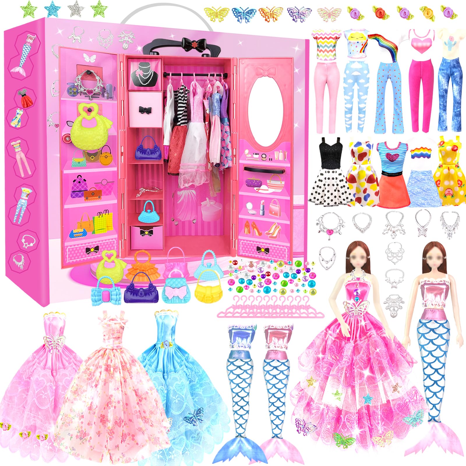 66Pcs Doll Clothes and Accessories with Closet for 11.5 Inch Doll Dress up Set with 1 Doll Fashion Dresses Outfits Tops and Pants Shoe Rack Bags Gift Toy for Girls 4 5 6 7 8 9 10 Years