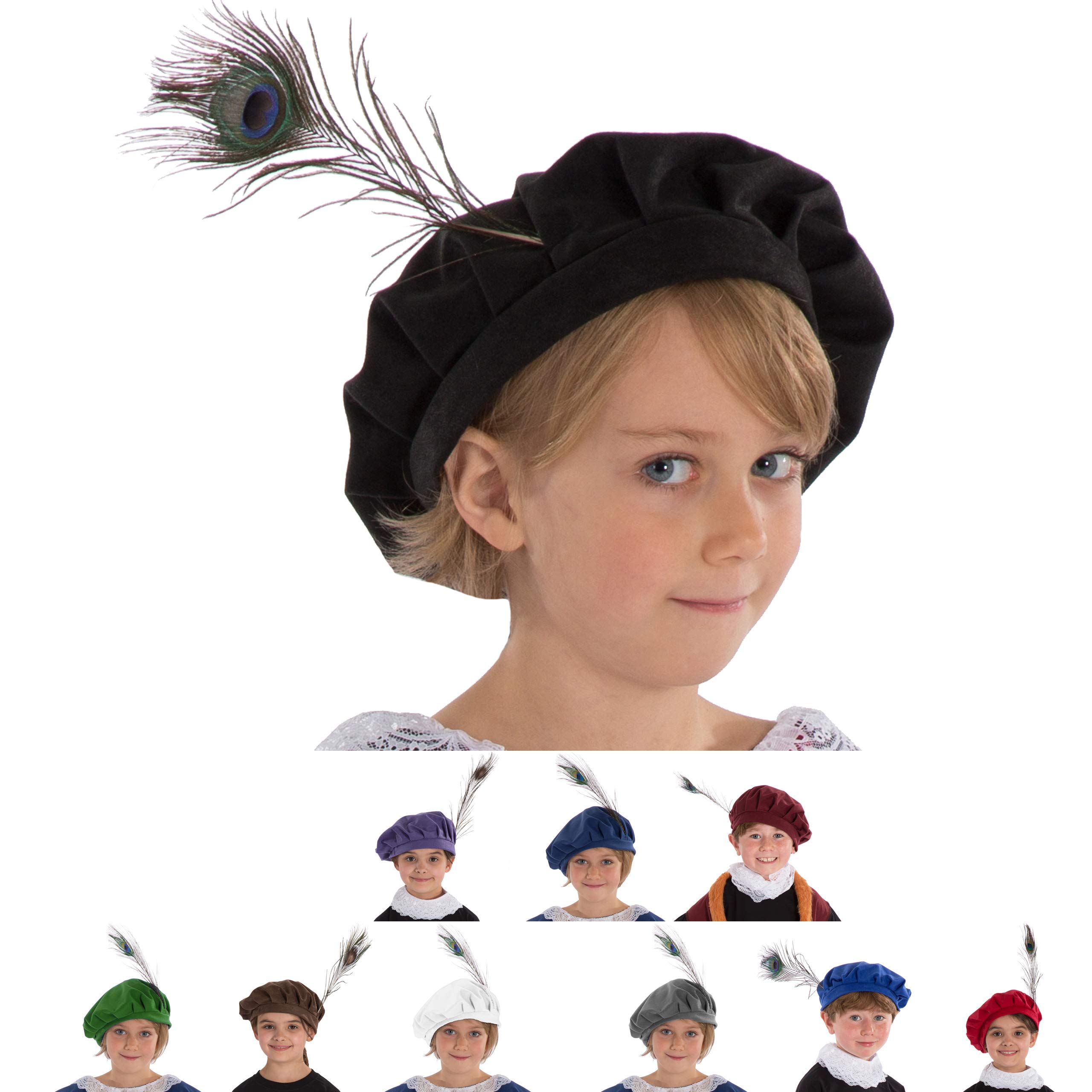 Charlie Crow Tudor Hat costume accessory for kids | Five Colours | One Size 3-12 Years (BLACK)