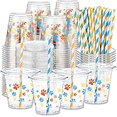 Yungyan 50 Pcs Blue Dog Paw Plastic Cups Blue Dog Birthday Party Supplies 12 oz Clear Disposable Plastic Cups with Straws and Lids Paw Themed Birthday Party Favor for Iced Coffee Juice Drinkware