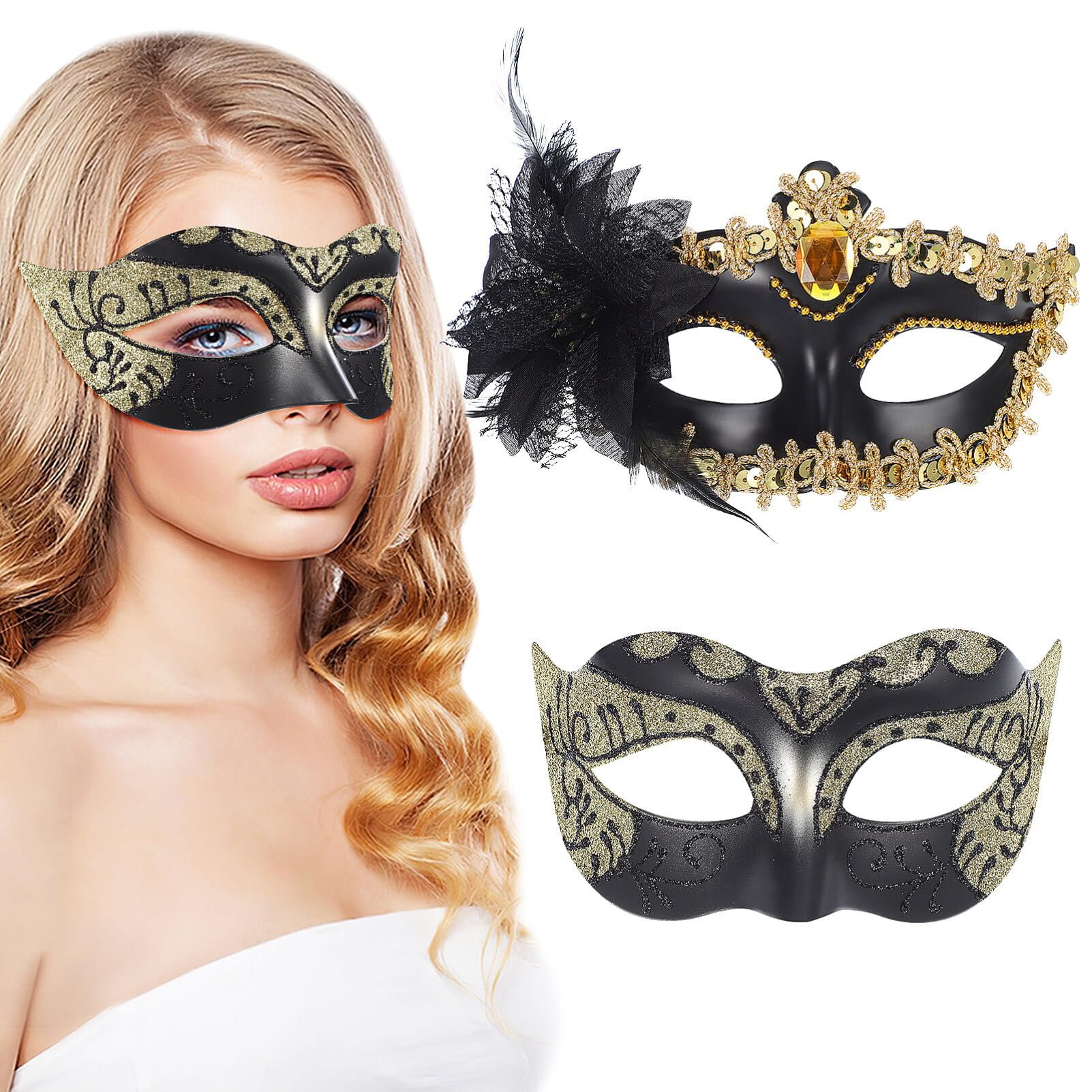 TOYANDONA 2Pcs Masquerade Mask Couples Set, Masquerade Mask for Women Men Vintage Party Masks Venetian Masks Unisex Costume Accessories for Costume Party