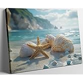 NGXIPUST Blue Coast Beach Canvas Wall Art Ocean Starfish Conch Seashell Paintings Pictures Wall Decor Summer Seaside Theme Poster Printing Artwork for Bathroom Bedroom Living Room Home Decoration