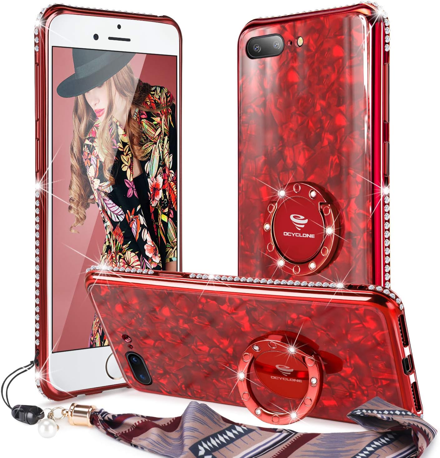 OCYCLONE Cute iPhone 8 Plus Case, iPhone 7 Plus Case, [Tempered Glass Back Cover] Glitter Bling Diamond Rhinestone Bumper With Ring Kickstand Sparkly Protective Phone Case for Women Girls Cute - Red