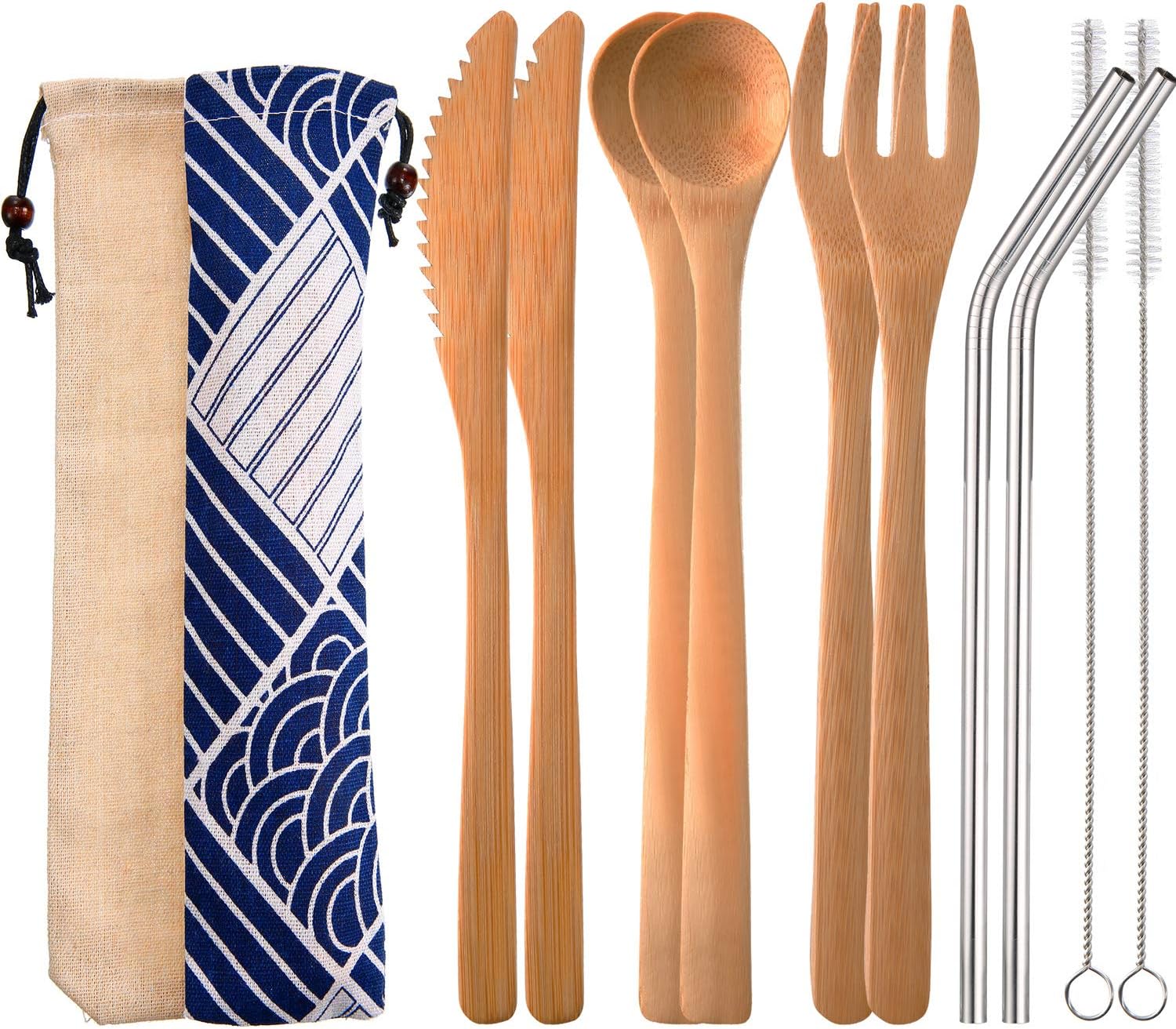 Blulu 2 Set Bamboo Cutlery Set Reusable Bamboo Flatware Set Travel Utensils 7.5 Inches Bamboo Knife, Fork, Spoon, Metal Straw with Clean Brush (Style A)