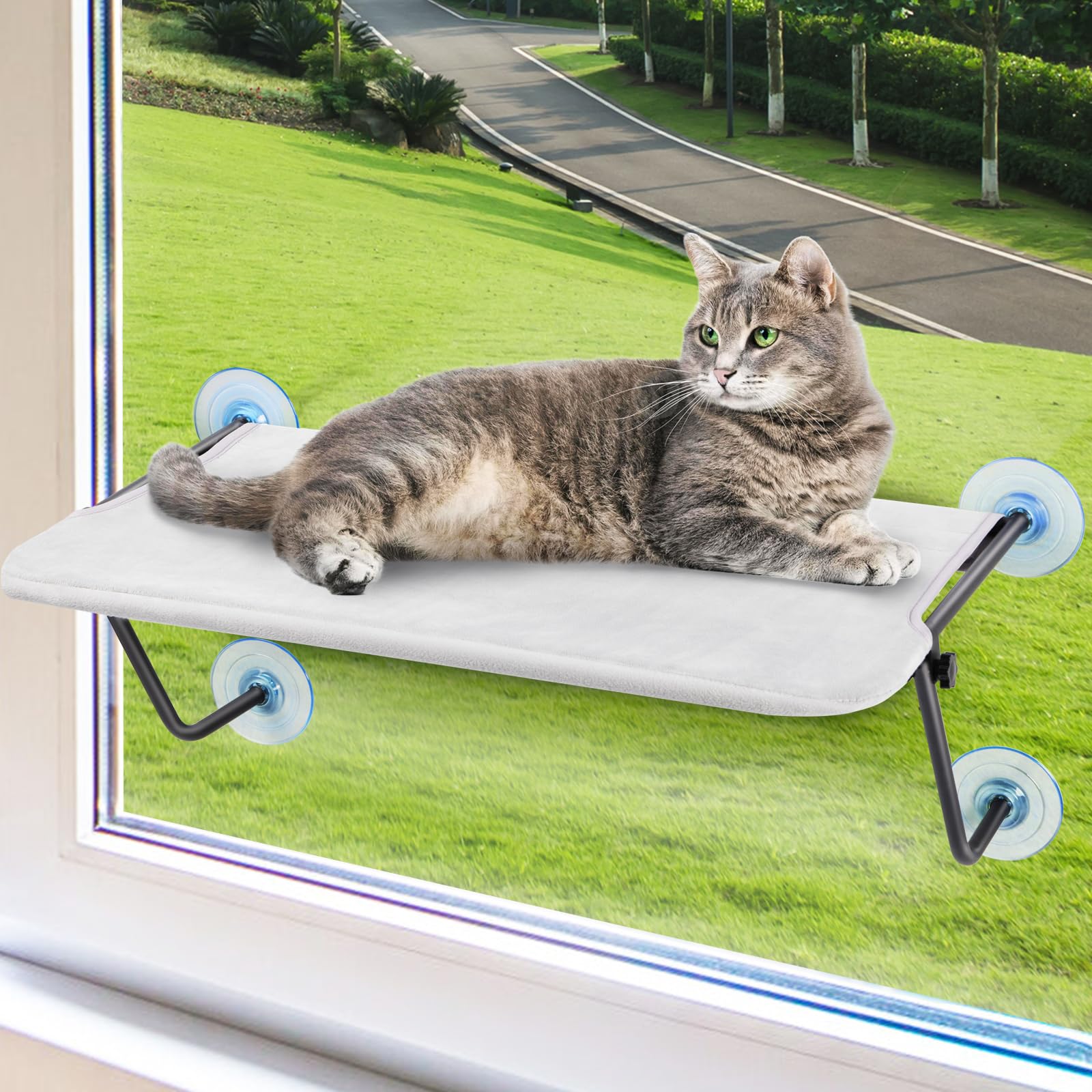 Photo 1 of Cordless Cat Window Perch with 4 Strong Suction Cups – Indoor Cat Bed for Large Cats, Metal Frame, Washable Shelf Cover, Fits 23" W X 13" H Glass Spaces (Medium)