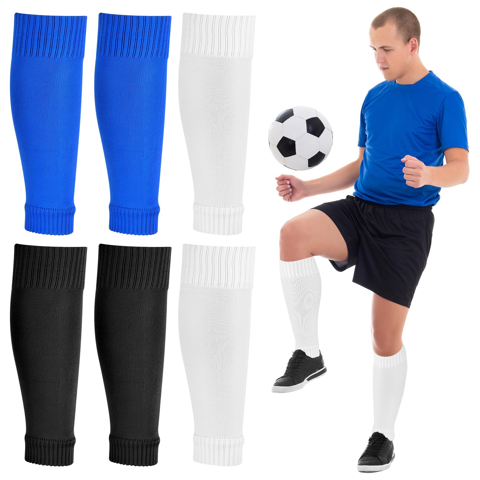 Peaken Football Sock Sleeve, 3 Pair Team Leg Sock Black Sock Sleeve Football for Football Running or Training Beginner (Adult, Black/Blue/White) — image 1