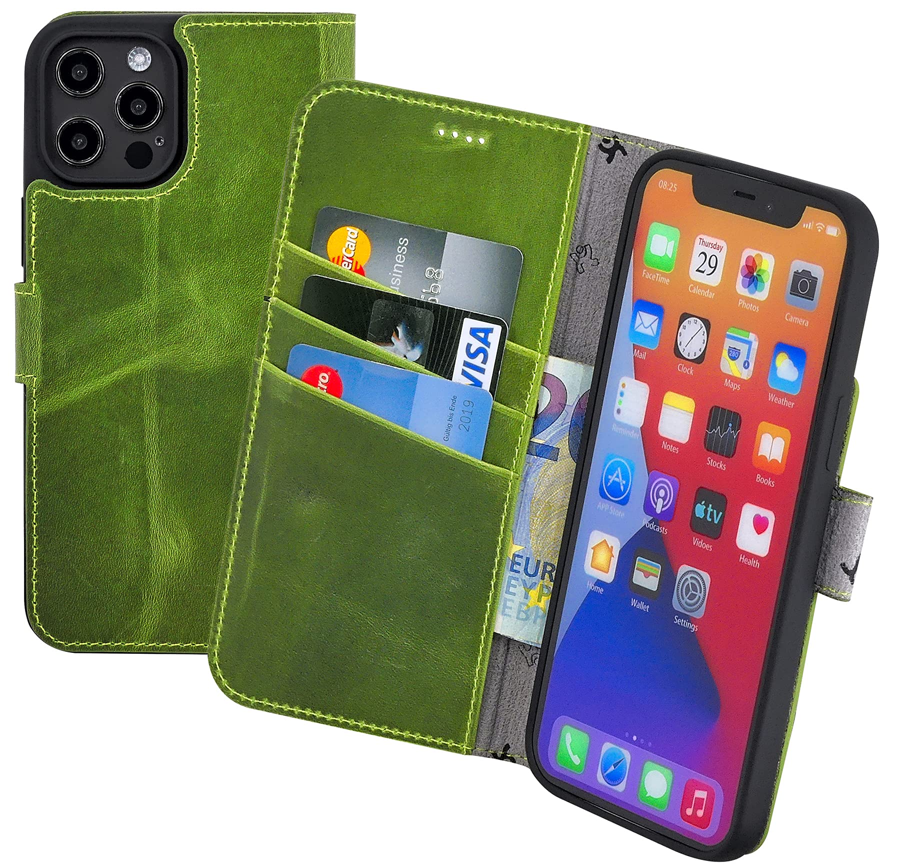 Suncase Book-style case compatible with iPhone 12 Pro (6.1 inch) leather case (slim fit) leather mobile phone case protective case with 3 card slots in antique kiwi green