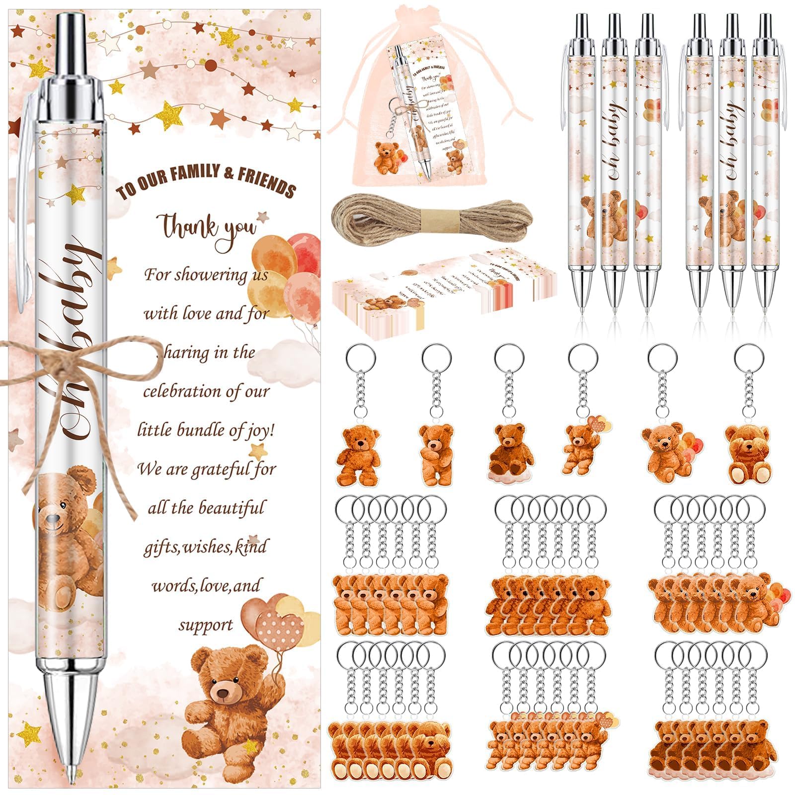 Photo 1 of 145 Pieces Baby Shower Favors for Guest Brown Teddy Bear Ballpoint Pens and Keychains Gifts Bulk Retractable Baby Shower Pens Gender Reveal Greeting Cards Souvenirs Prizes Party Favors