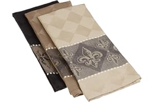 CC Home Furnishings Set of 3 Beige and Black Fleur De Lis Jacquard Dishtowels 28"