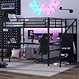 Queen Size Loft Bed with Desk and Stairs, Gaming Loft Bed with RGB LED Light and Storage, Heavy-Duty Metal Loft Bed Frame with Wardrobe, Shelves and Charging Station for Adults Kids Teens, Black