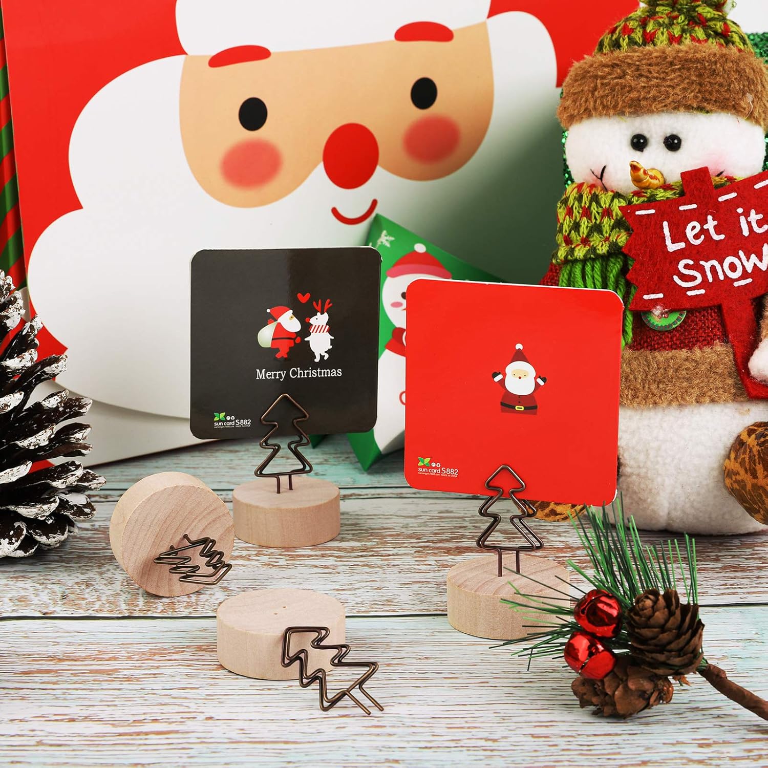 ADXCO 12 Pack Christmas Party Decoration Card Holders Wooden Base Card Holders Rustic Iron Wire Picture Picks Clip Holder Picture Memo Note Photo Clip for Wedding Office Christmas Table Decorations: Kitchen & Dining