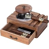 Joyoldelf Cigar Ashtray Wooden Box - Windproof Lid, Stainless Steel Removable Bowl, Cigar Holder & Drawer Organizer - Vintage Outdoor Ashtray Gift for Men, Patio, Porch, Home Bar