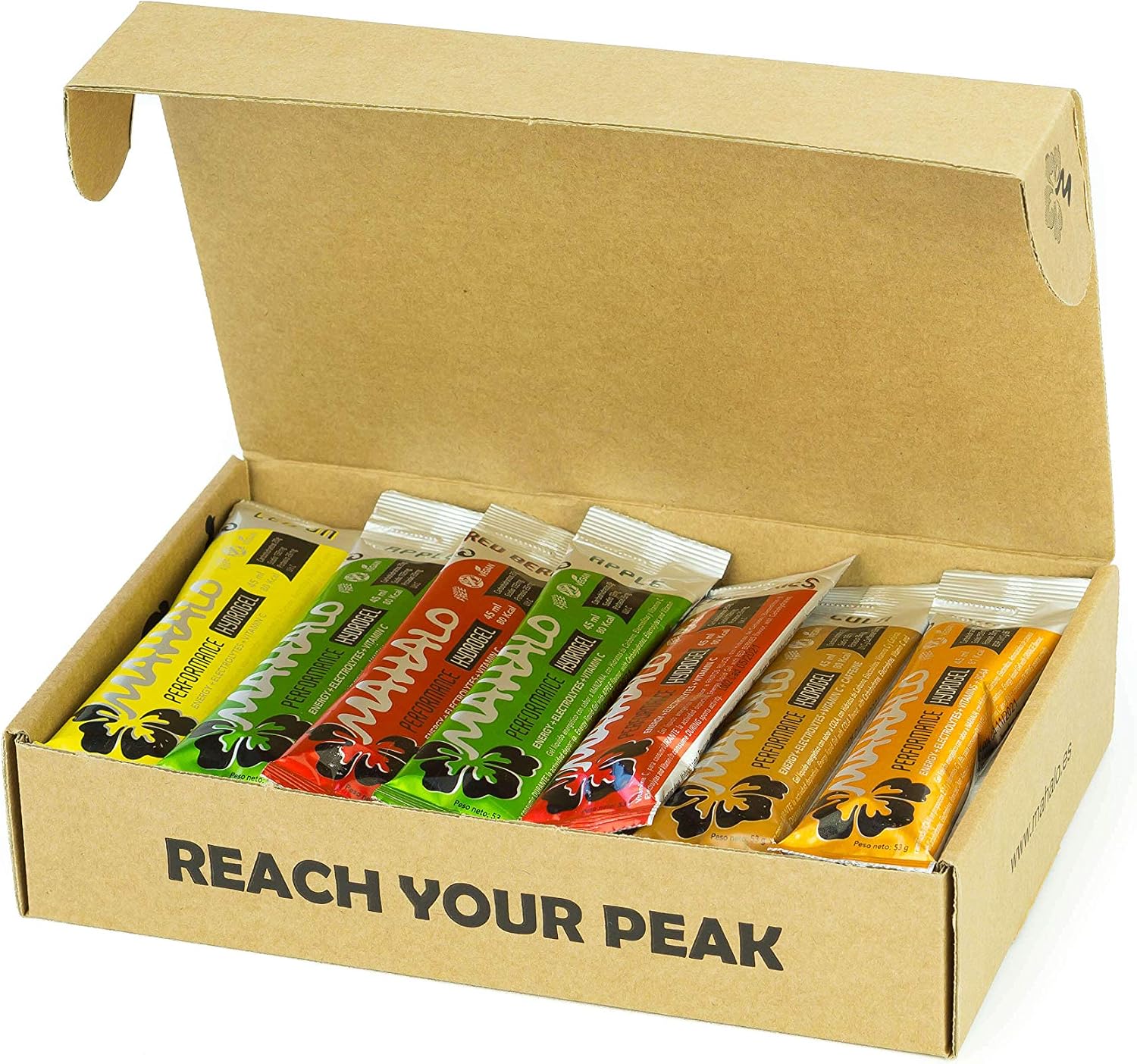 MAHALO HYDROGEL MIX BOX. 18 Sticks x 45 ml. Pack de 18 geles 12 PERFORMANCE HYDROGEL (Limón +Frutos Rojos+ Manzana) + 3 PERFORMANCE CAFFEINE HYDROGEL (cola)+ 3 PERFORMANCE BCAA HYDROGEL (naranja).