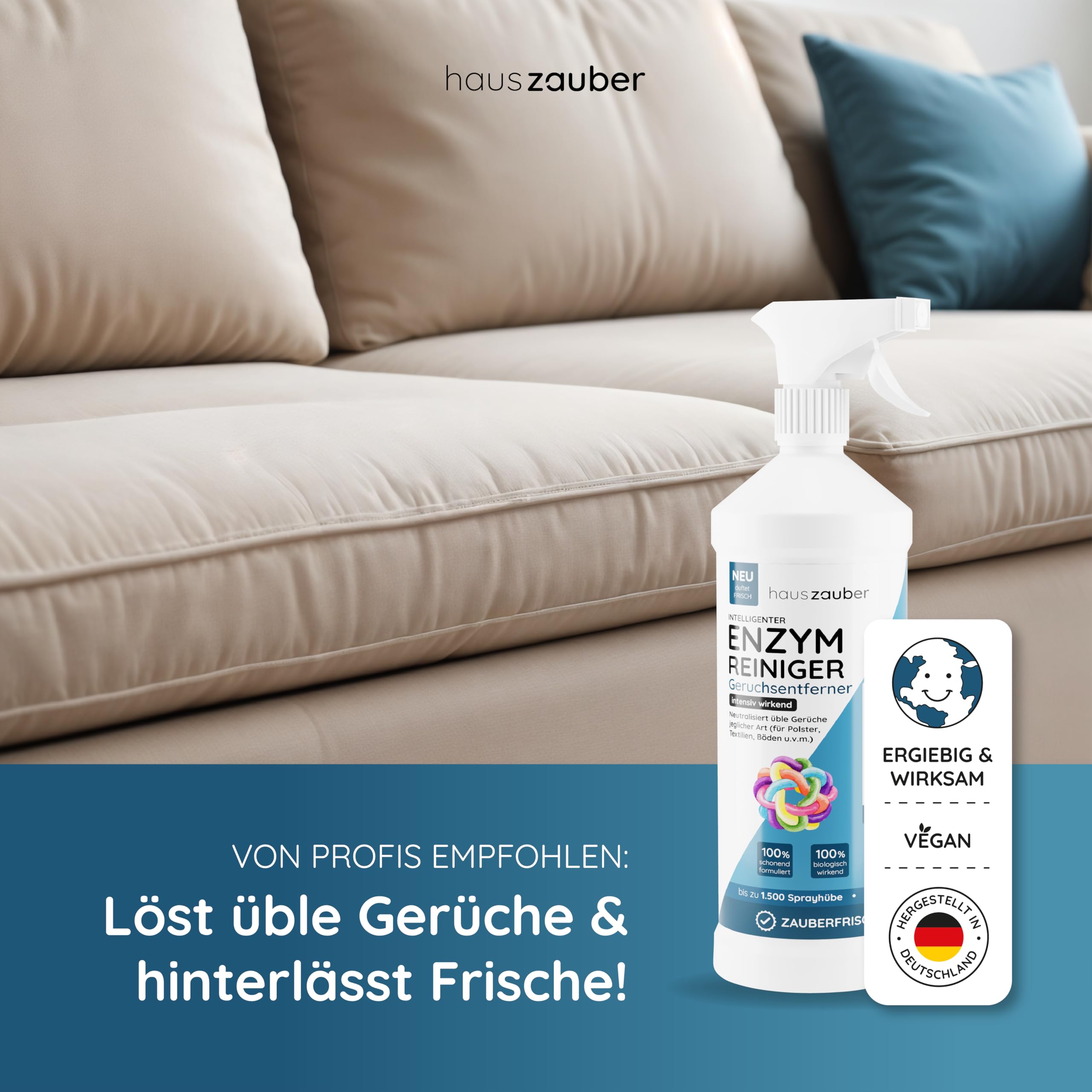 hauszauber - Enzymreiniger [STARKER GERUCHSENTFERNER] 1000 ml - Gegen Katzenurin, Hundeurin etc. - Üble Gerüche aus Sofa & Teppich entfernen - Geruchsneutralisierer - Zauberfrische 5
