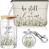 Ziliny 3 Pcs Christian Gift for Women Faith Bible Verse 16 oz Glass Cup with Lid Scripture Keychain Makeup Bag Inspirational Religious Gift for Birthday Church Mom(Flower)