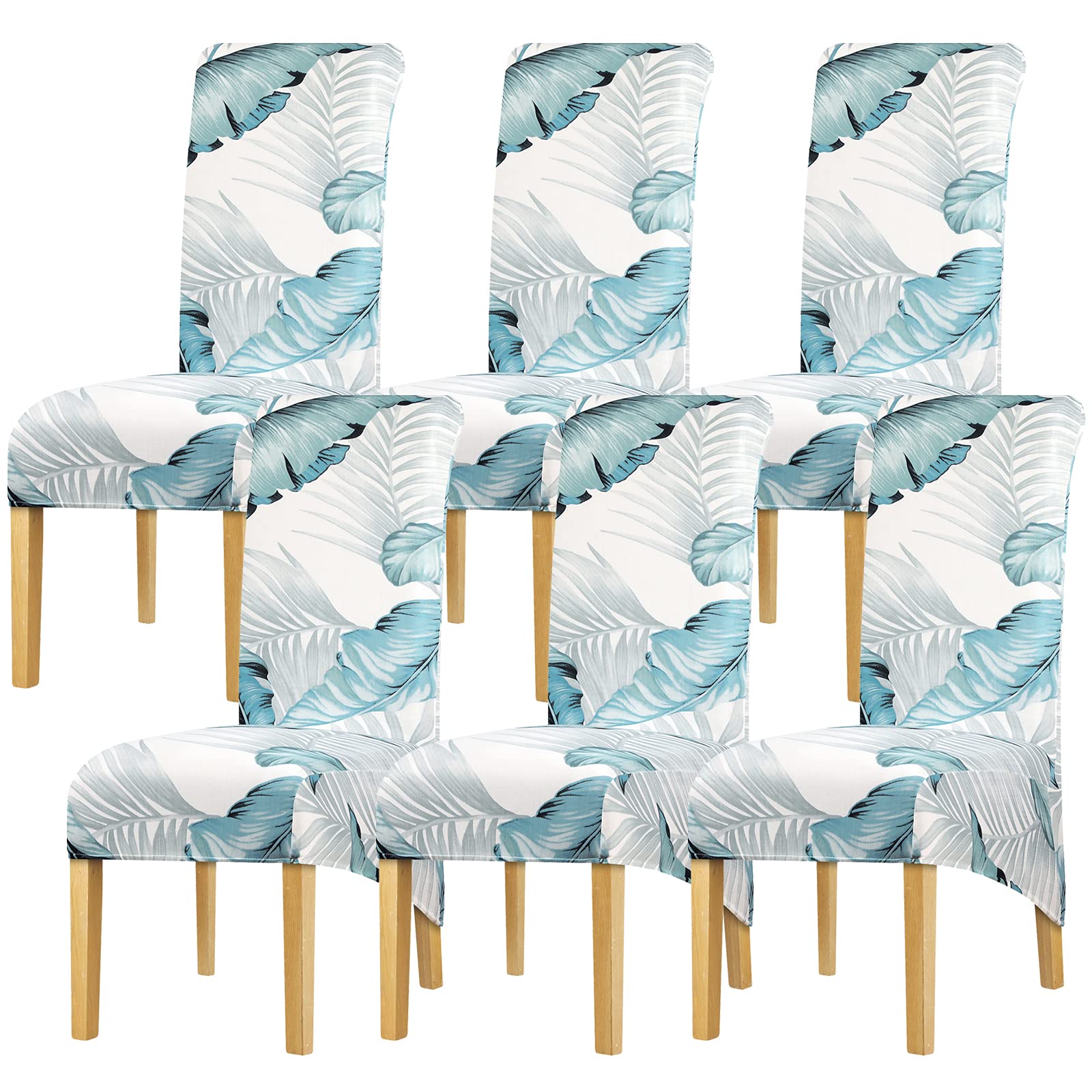 Leorate 6 Pcs Blue Tropical Palm Leaf Dining Chair Covers Stretch High Back Removable Slipcovers for Dining Chairs, Large Chair Covers Set of 6, Washable Elastic Seat Protector for Home (Blue White) — image 1