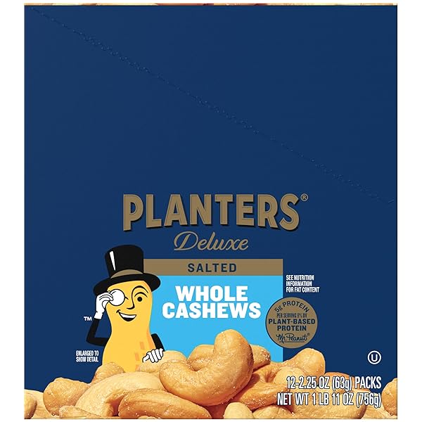 PLANTERS DELUXE CASHEWS, PARTY SNACKS, PLANT-BASED PROTEIN, 2.25 OZ BAG (12 PACK)