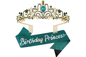 Velscrun Princess Crown, Tiaras for Girls, Green Birthday Princess Sash for Girls, Birthday Girl Crown, Birthday Accessories for Girls, Princess Birthday Decorations, Princess Birthday Party Supplies
