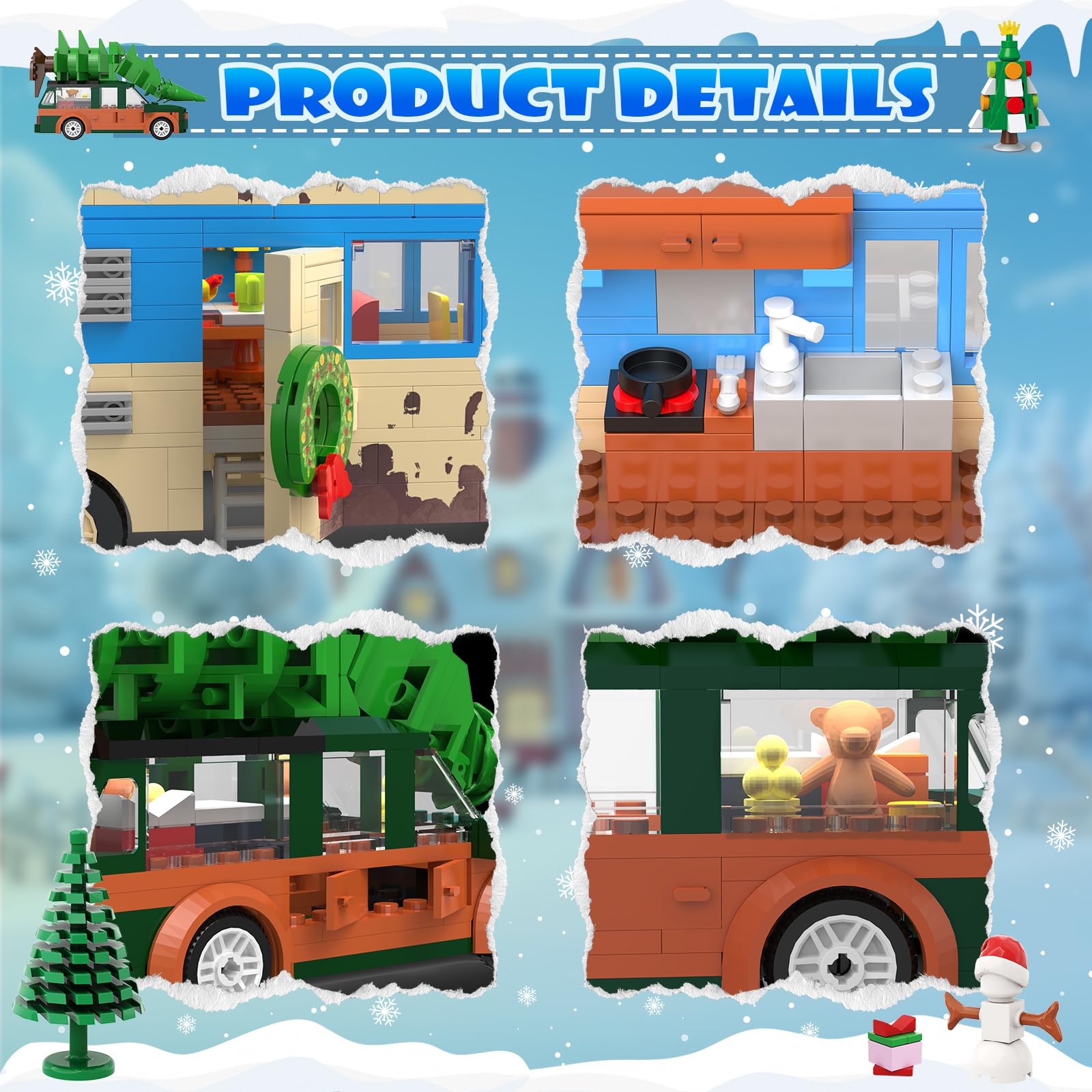Snow Village Building Set,4 in 1 Christmas Vacation Holiday House&Cousin Eddie's RV&Picup Truck&Garage Building Blocks Model Kit Compatible with Lego for Child Adults(2056PCS)