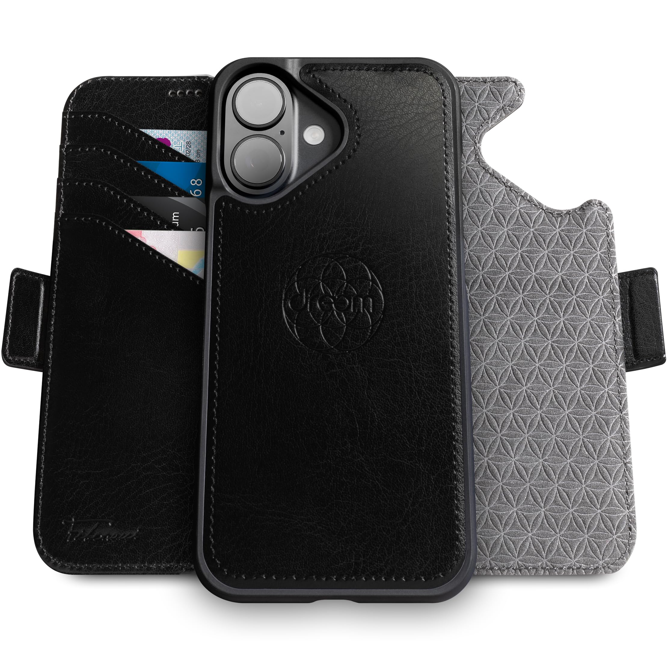 dreem Wallet Case for iPhone 16, Revolutionary Vert/Hor Phone Stand, Magnetic Detachable Vegan Leather Flip Cover RFID Blocking Card Holder, MagSafe-Fit, Gift Box [Fibonacci: Black]