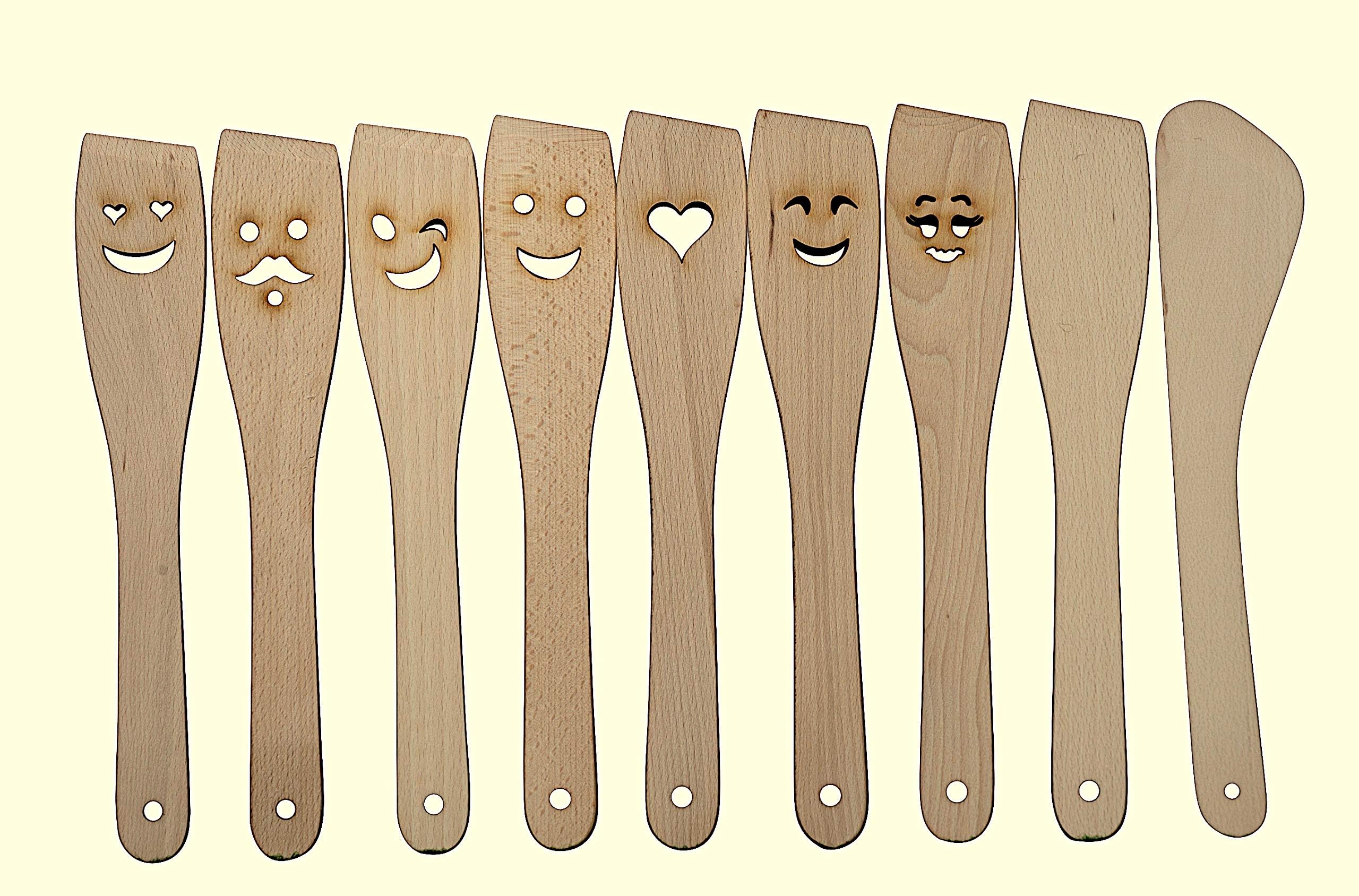 JOWESet of 8 Beech Kitchen Utensils with Laser Cut Motifs | Wooden Spatula Set of 8 | Untreated
