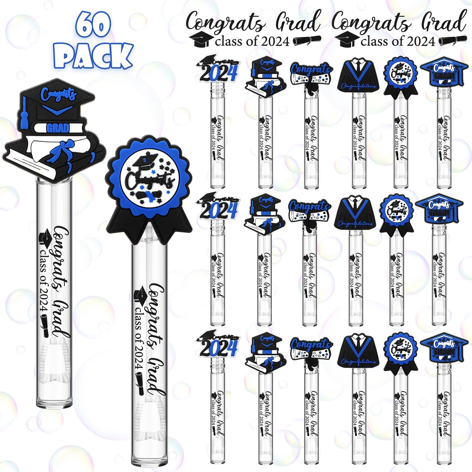 Photo 1 of Shappy 60 Pcs Blue Graduation Bubble Wands Bulk Mini Bubble Wands Party Favors Small Bubbles Birthday Party Gift for Novelty Gifts(Blue and Black)