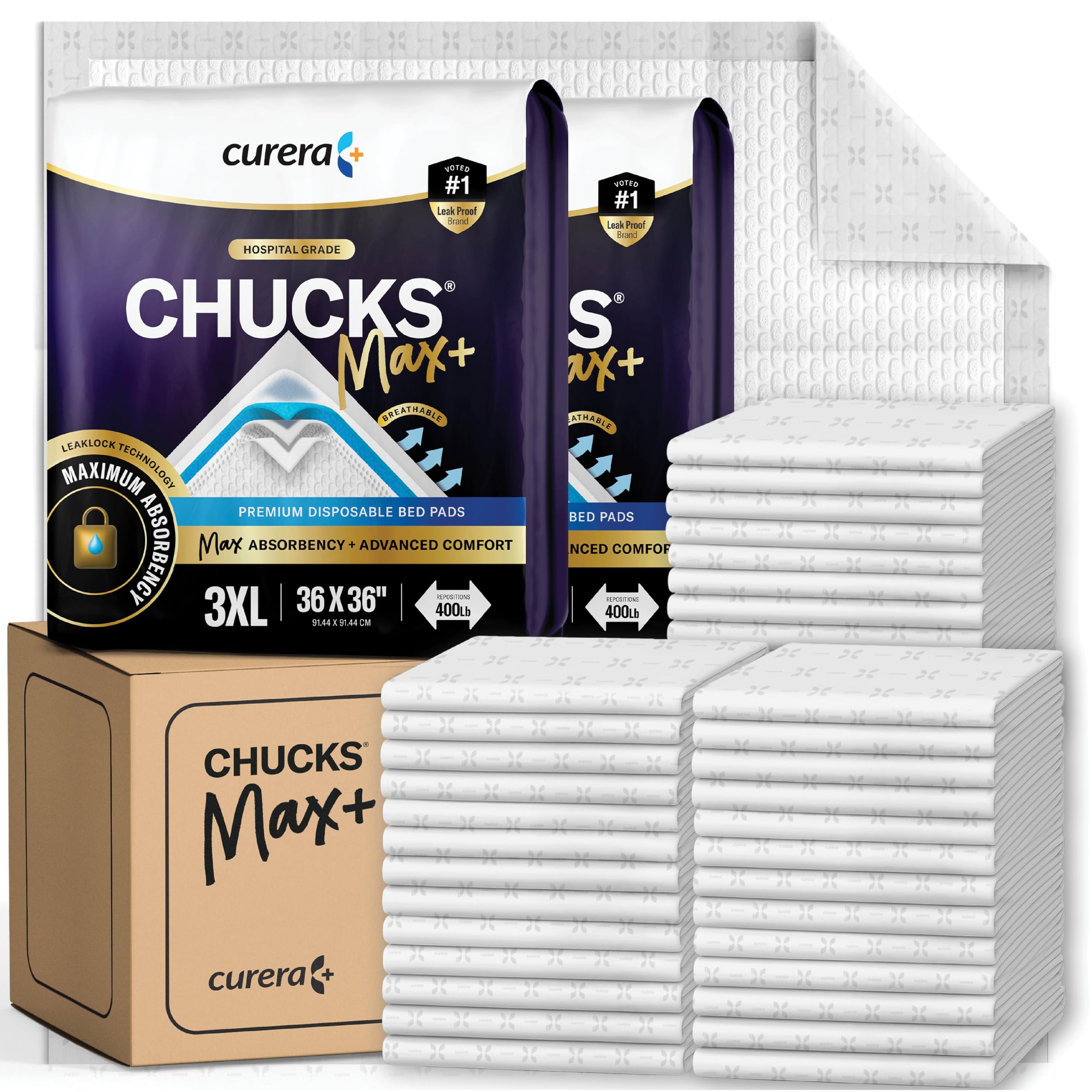 Photo 1 of Chucks MAX+ Hospital Bed Pads Disposable Adult 36 x 36 Soft & Breathable Incontinence Pads - XXX-Large Chux Pee Pads for Elderly Adults - Extra Heavy Duty Absorbency Underpads [10x4-Packs = 40]