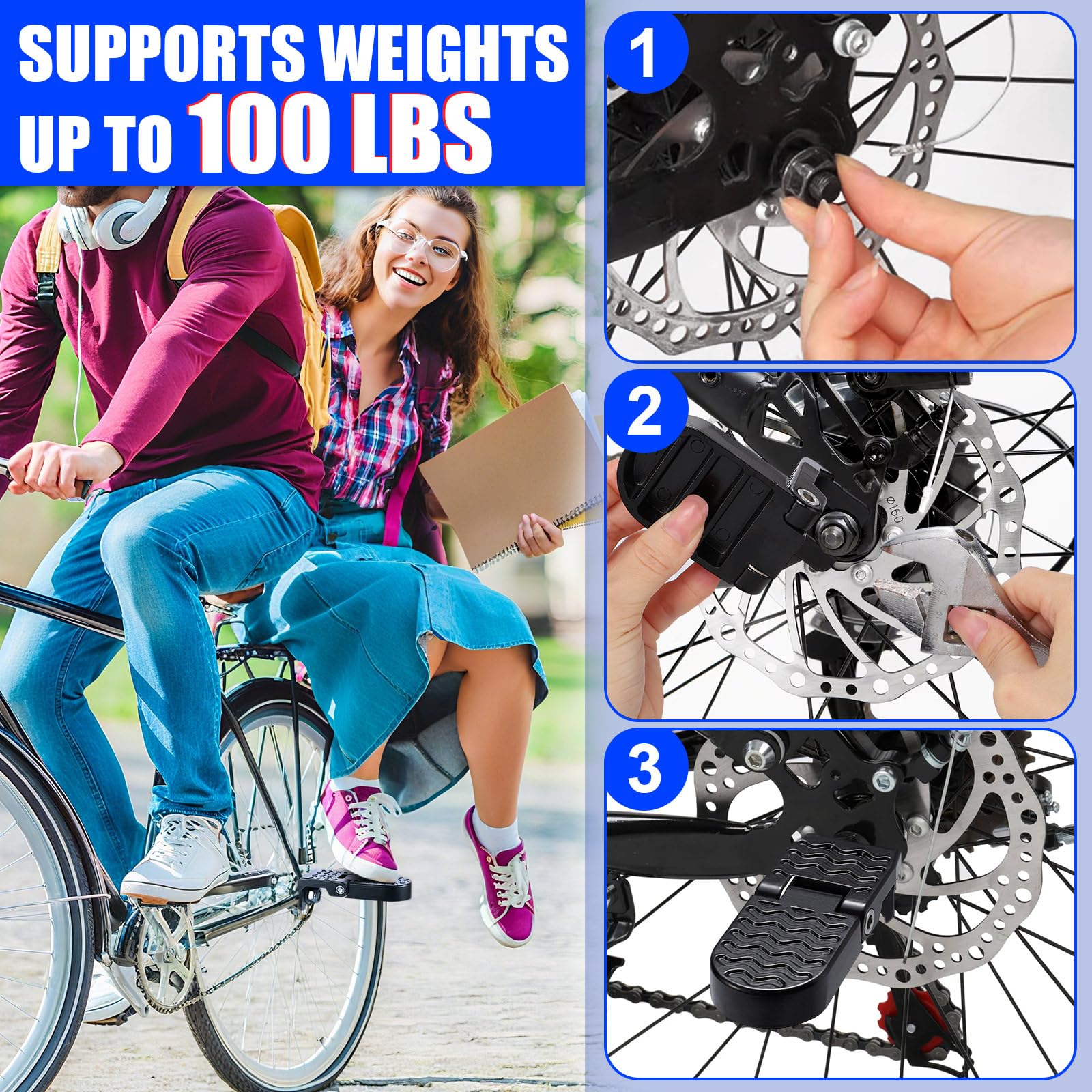 TOBWOLF 2PCS Bike Rear Pedals, Aluminium Bicycle Foot Peg, Non-Slip Ebike Foot Pegs for Passenger, Folding Rear Bicycle Footrest Pedals for E-Bike, Mountain Bike, Folding Bicycle