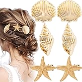 Incinkod 6 Pcs Gold Starfish Hair Clip, Metal Shell Hair Clip, Small Sea Shell Hair Accessories for Women, Summer Holiday, Beach Party, Halloween and Cosplay (3 Styles)
