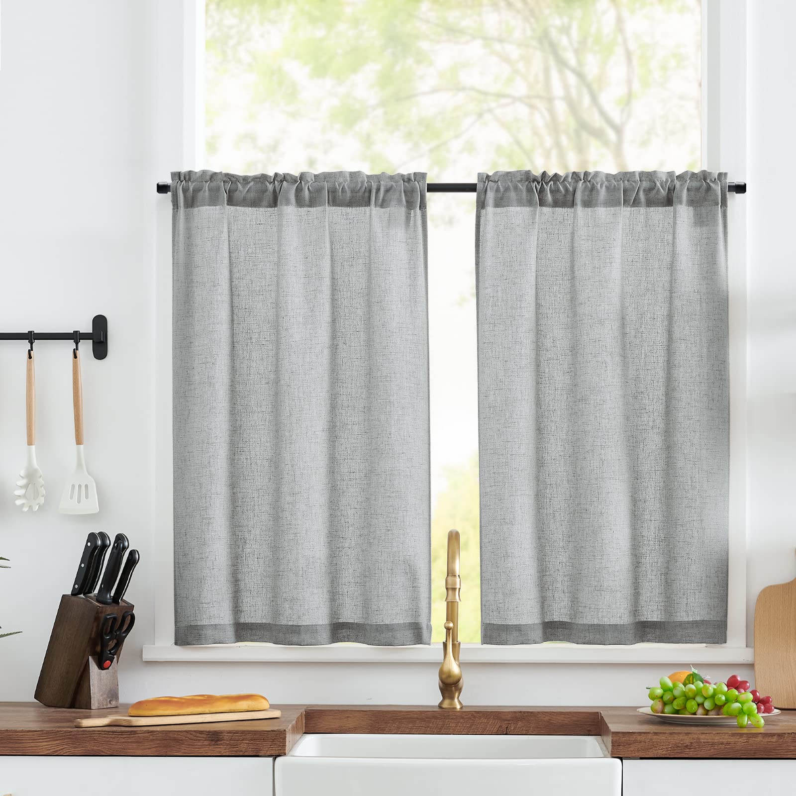 TOPICK Linen Blend Kitchen Curtains, 24 Inch Drop Small Cafe Curtains, Solid Pattern Light Filtering Short Curtain Tiers for Bathroom Sink Cupboard, Rod Pocket 2 Panels Grey — image 1