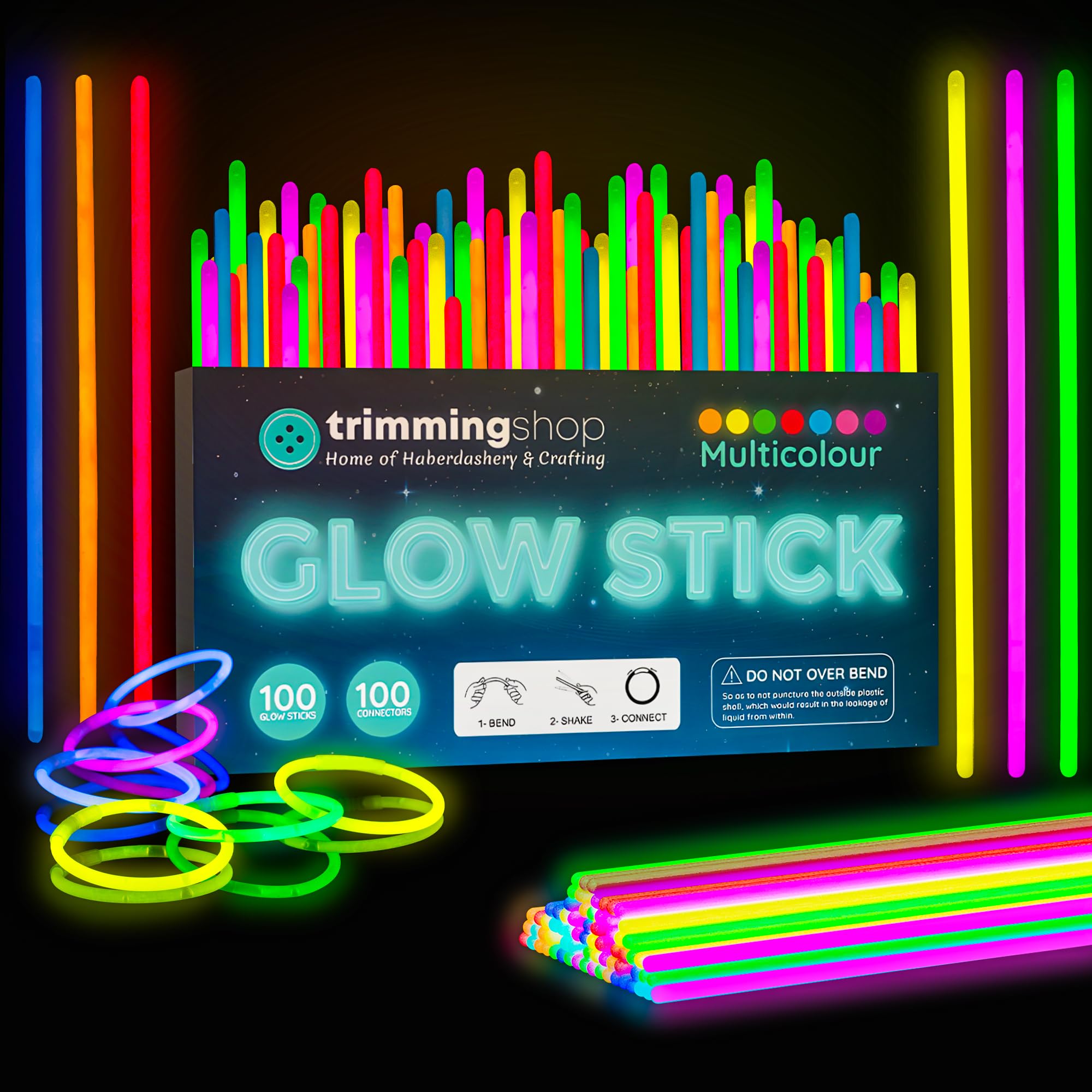 100pcs Premium 8 Inch Glow Sticks With Connectors To Make Neon Necklace Wrist Band Bracelets, Party Favours, Party Bag Fillers for Kids - Party Accessories, Long-lasting Glow Sticks for Children