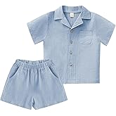 XMWEALTHY Toddler Baby Boy Summer Clothes Color Block Short Sleeve Button-down Shirt Tops + Cotton Pants Outfit Set