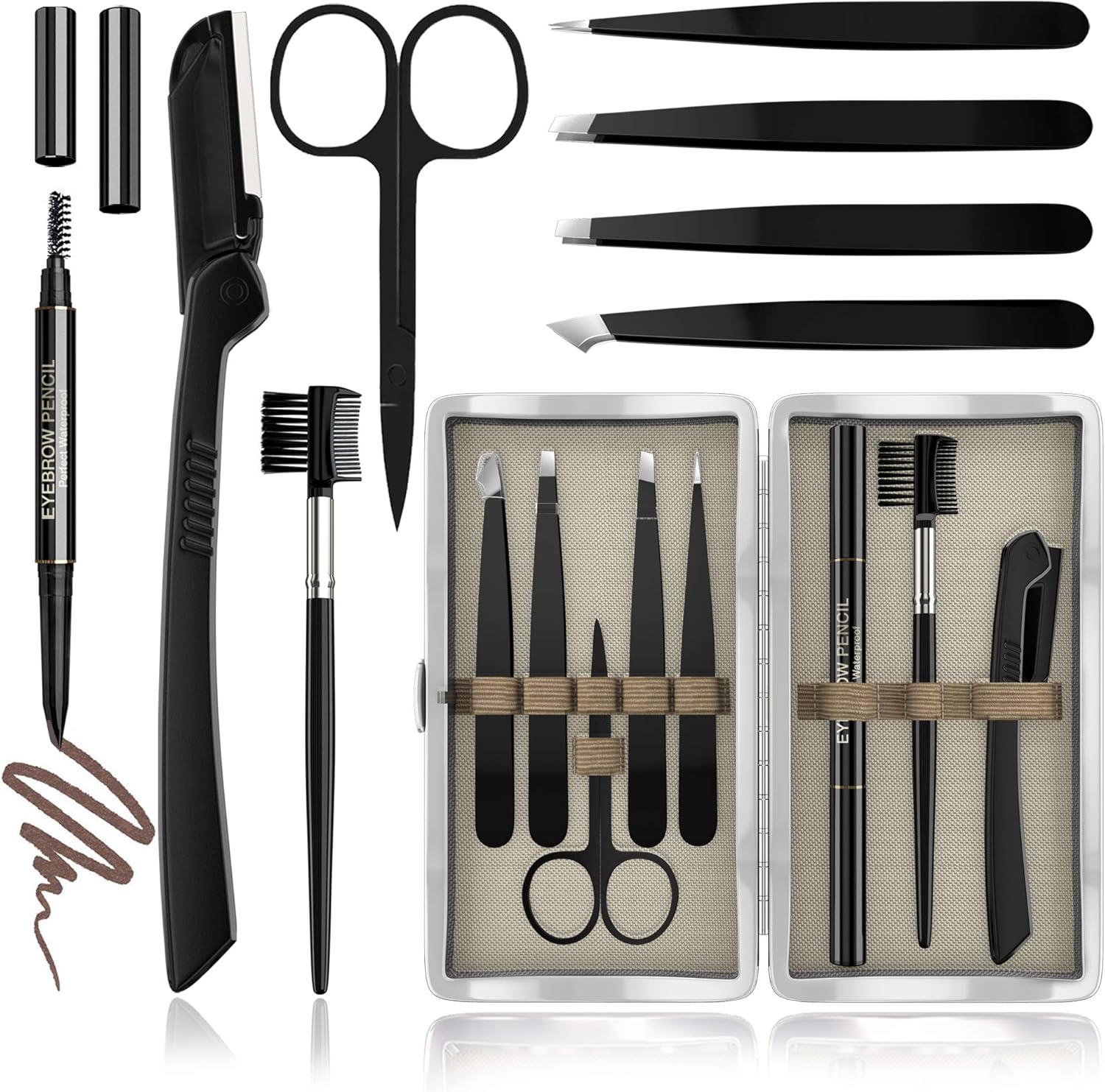 Eyebrow Kit, 8in1, Tweezers for Women and Men – Shaping, Grooming, Threading, Trimming Kit Including Razor, Pencil, Eyebrow Scissors and Brush with Portable Travel Case: Home Improvement