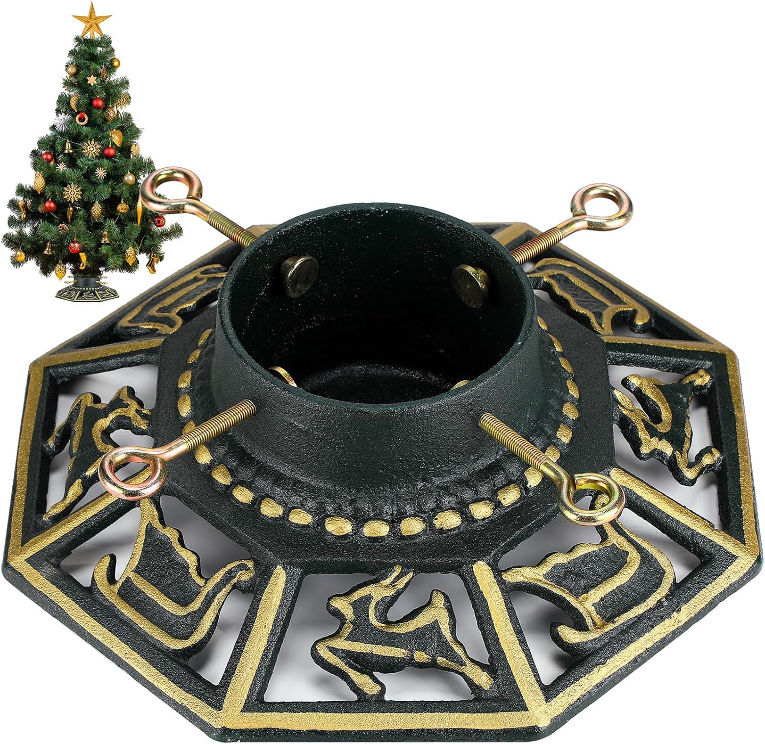 Tree Stands - Huwena Christmas Tree Stand for Live Trees, Real Xmas Tree Holder Base Cast Iron, Supports up to 8ft, 4-Inch Diameter, 120lb Weight Capacity for Christmas Rustic Decoration (Deer, Sled Style)
