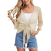Feiersi Womens Thin Sheer Shrug 3/4 Sleeve Mesh Bolero Tie Front Cropped Cardigan