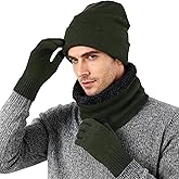 Connectyle Fleece Lined Winter Set for Men & Women, Knit Warm Beanie Hat, Neck Warmer Loop Scarf and Touchscreen Gloves