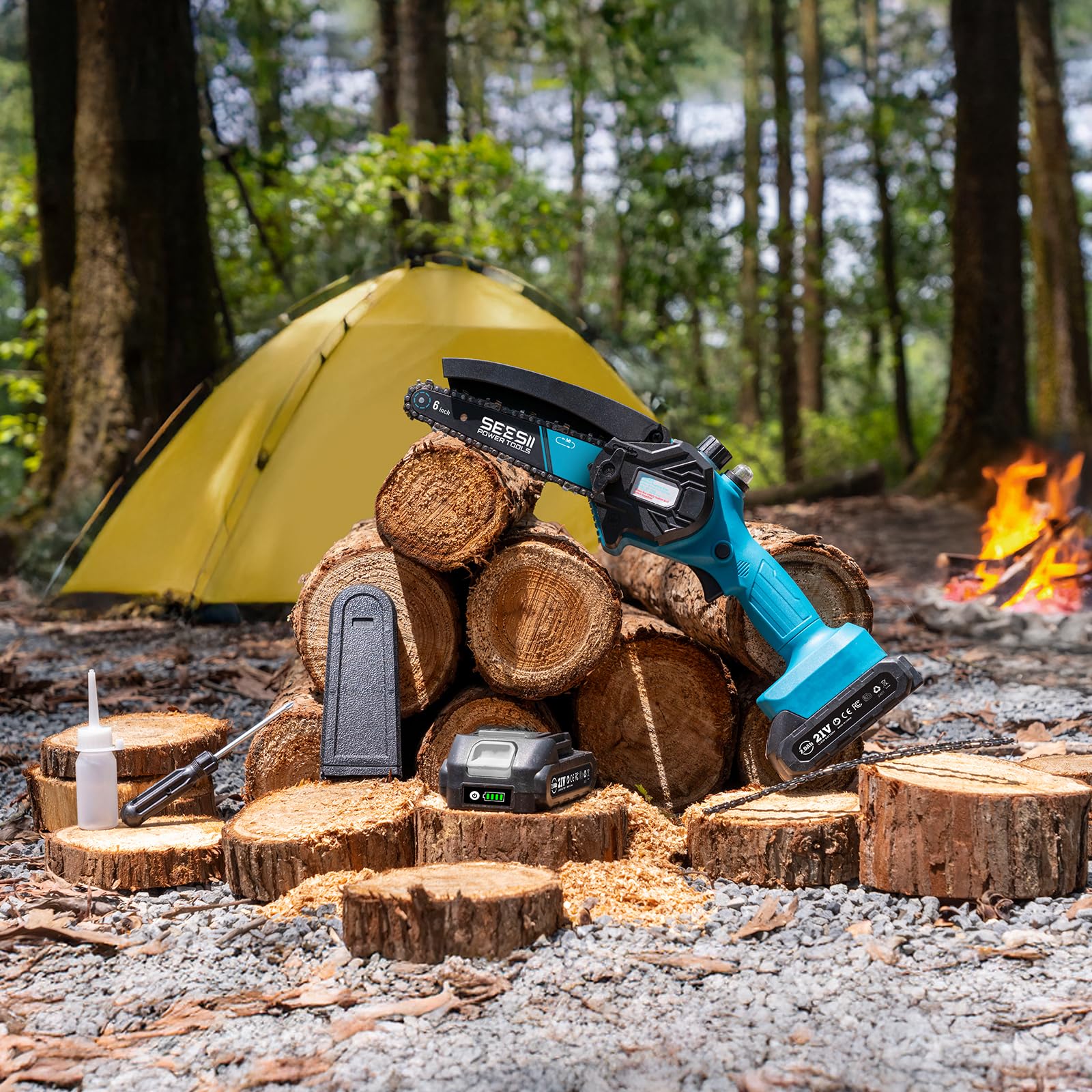 Seesii Mini-Kettensäge mit Akku, 6 Zoll, elektrische Kettensäge, kabellos, mit Schmiermittelinjektor und 2 Batterien, Mini-Kettensäge, wiederaufladbar, 2 Ketten 8