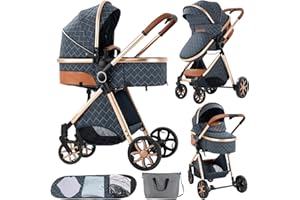 SUTTONBEBE 2 in 1 Baby Stroller Reversible Portable Standard Stroller Convertible Pushchair Infant Buggy Baby Carriage Foldable High Landscape Pram for Toddler Newborn (225 Blue)