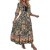 HECCPLI Women Short Sleeve V Neck Floral Print Casual Bohemian Maxi Dresses