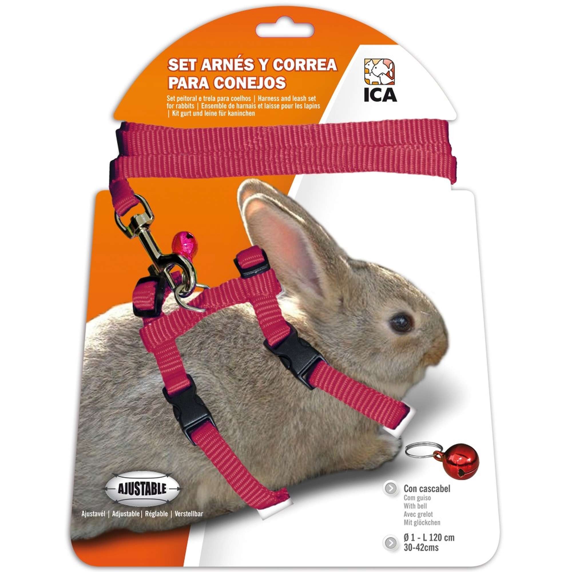 ICA DA1025 Set of Harness and Leash for Rabbits, Red, with Bell, 30-42 cm Adjustable