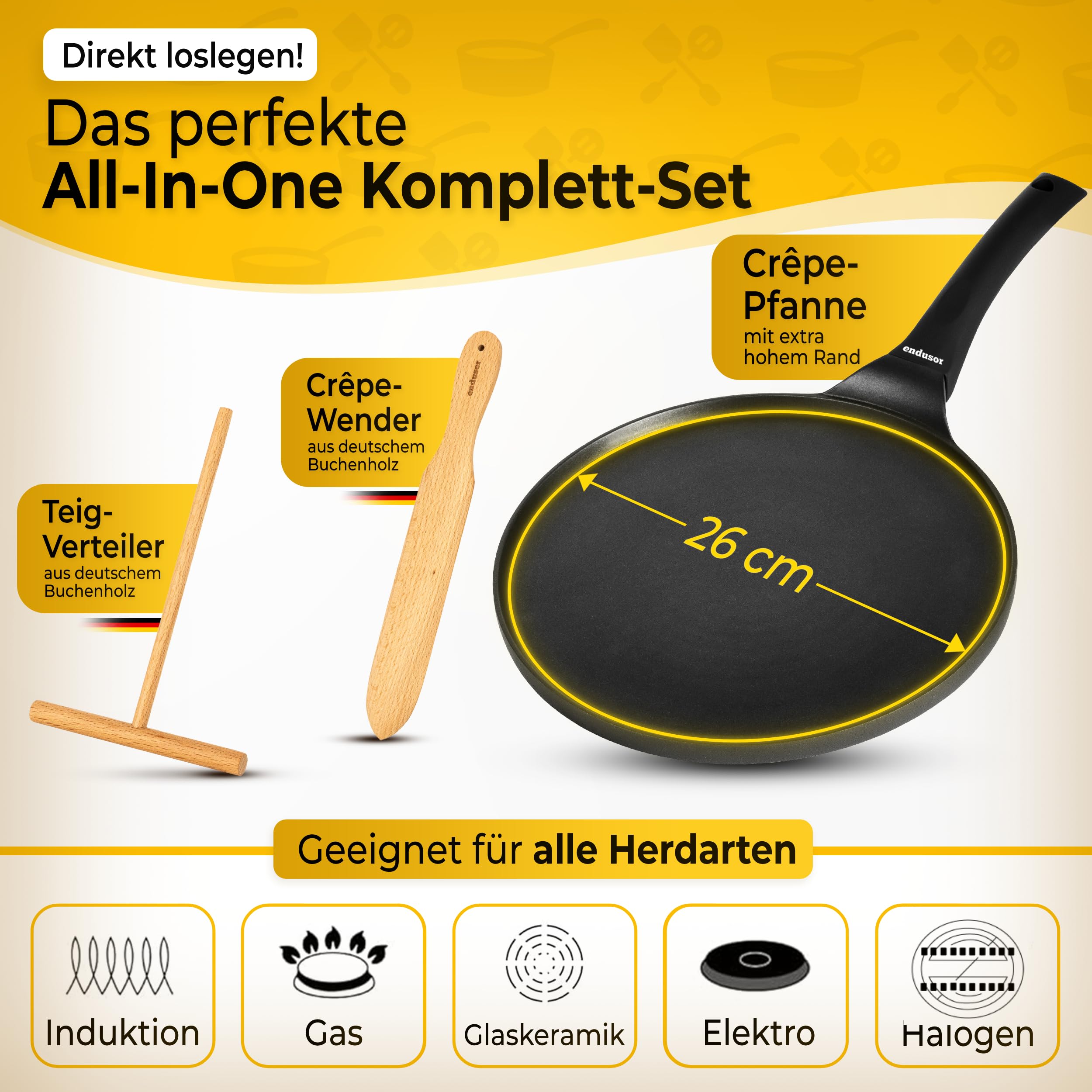 endusor Crepe Pfanne Induktion 26cm mit 3-facher Antihaftbeschichtung inkl. Spatel & Verteiler aus deutschem Buchenholz- Pfannkuchenpfanne für ALLE Herdarten - Flache Crepes Pfanne (OHNE PFOA + PFOS) 3