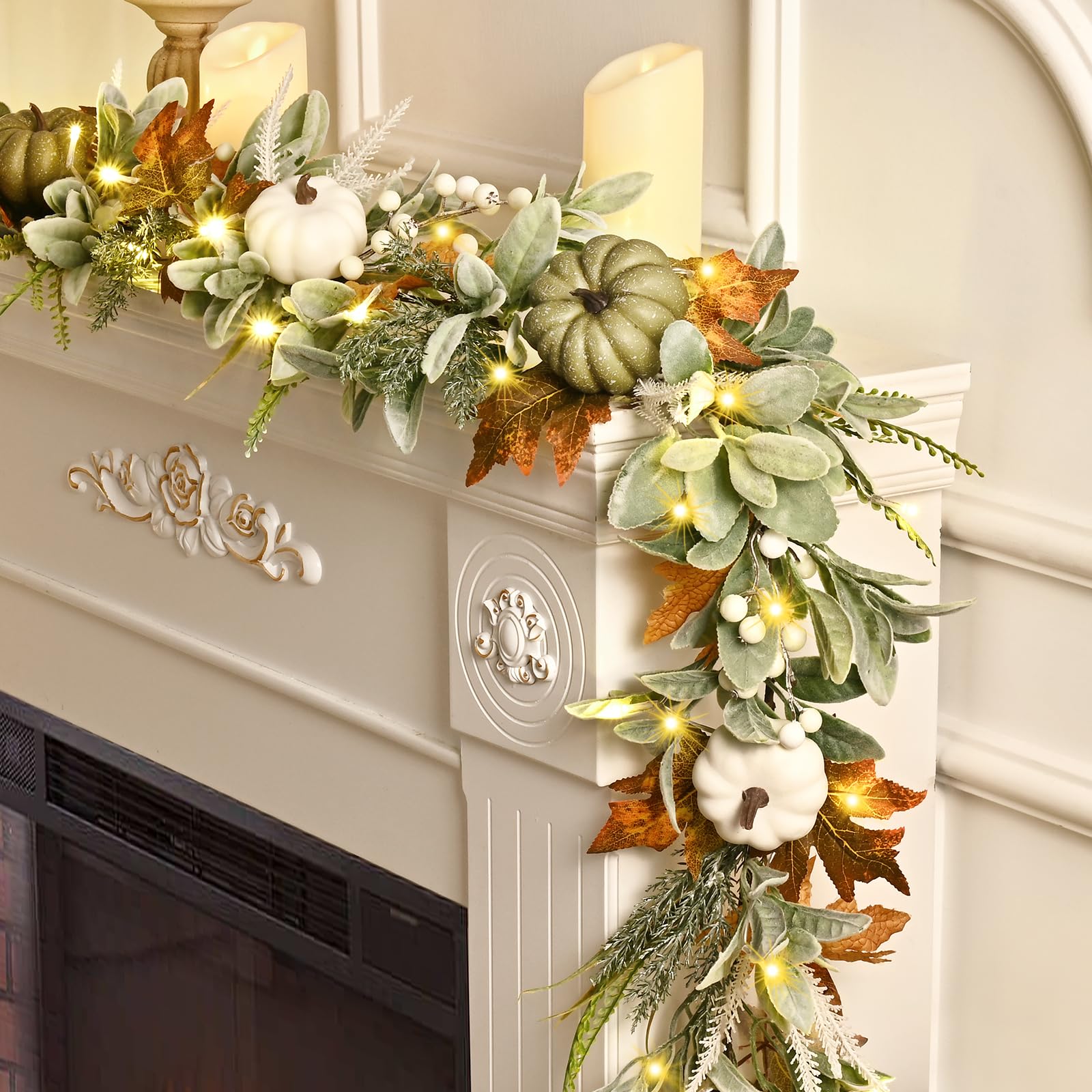 Photo 1 of Waipfaru Fall Decor, 2 Pcs Fall Garland for Mantle, Autumn Garland with Lights, Fall Decorations with Lamb's Ear Pumpkin Leaves for Outdoor Home Table Centerpiece Thanksgiving Farmhouse Porch