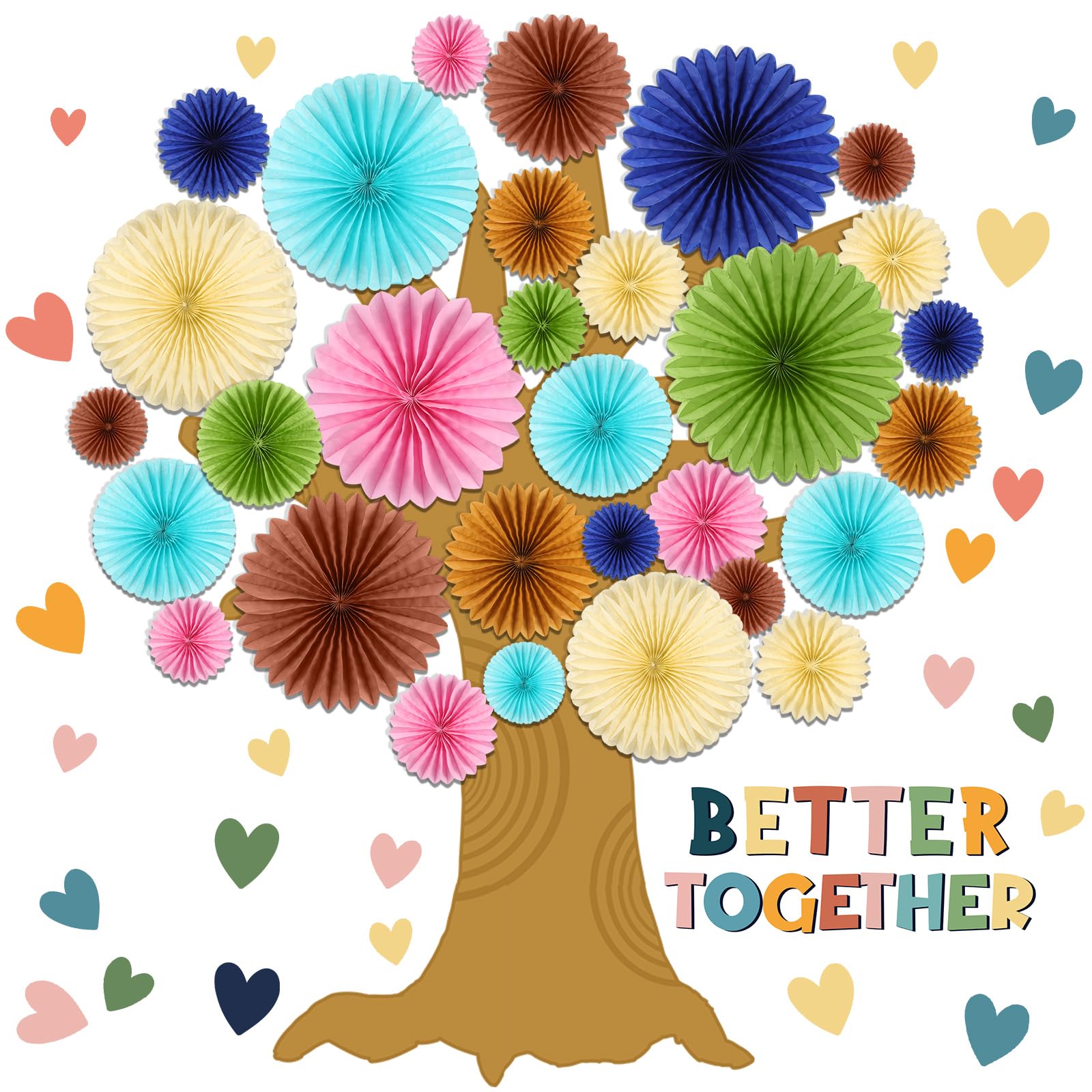 Photo 1 of Gersoniel 62 Pcs Boho Tree Bulletin Board Set for Classroom Better Together Bulletin Board Wall Decor 3D DIY Paper Fans with Heart Paper Cutouts for Home School Teacher Chalkboards Decor Supplies