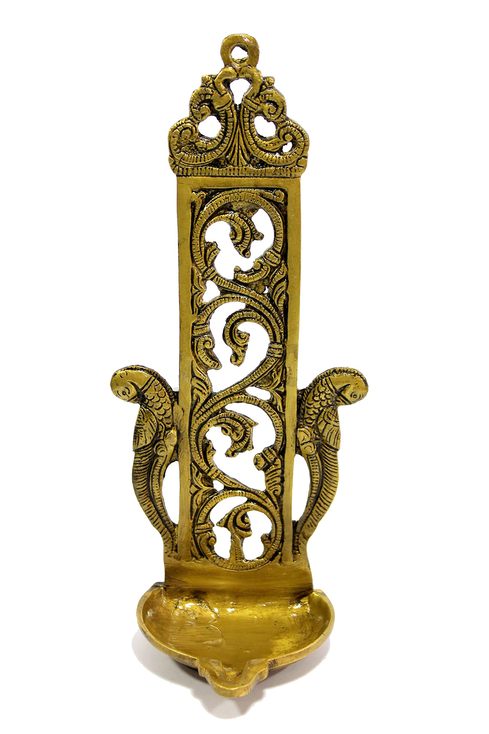 Esplanade Ethnic Indian Design Peacock Brass Wall Hanging Diya Deepak Lamp - 11" Inches Standard Golden