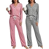 Simlakey 2 Pack Womens Pajama Sets Long Sleeve Button Down Sleepwear 2 Piece Soft Warm Notch Collar Nightwear Pjs Lounge Set