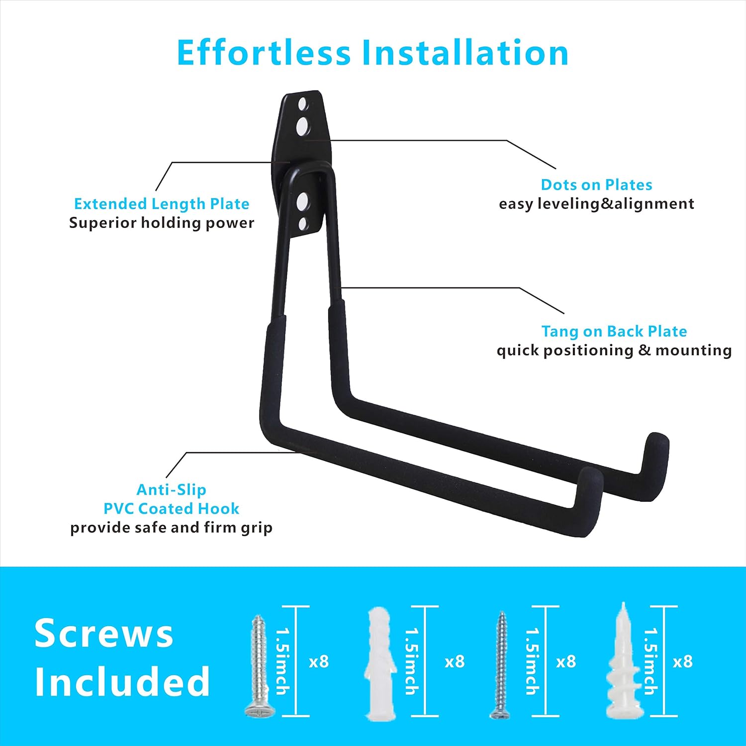 Garage Hooks, 4 Pack Wall Mount Storage Hanger with 2 Extension Cord Holder Organizer, Heavy-Duty 7.5 inch Long Hooks for Ladder, Ski, Sports, Utility, Garden Tool, Hose Storage Rack Organization - - 